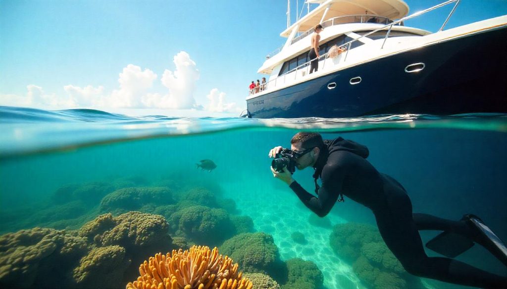 Underwater shoot at photography training yacht off Florida Keys.